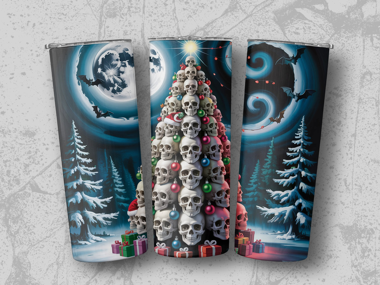 Skull Christmas Tree Under Full Moon Spooky Style Tumblers
