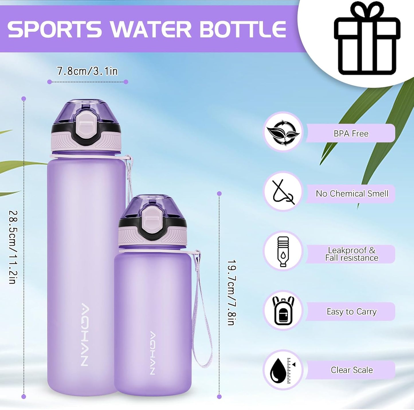 AOHAN 1 Litre Water Bottle with Leakproof Flip Lid BPA-Free Sports Drinking Bottle with Straw, Dishwasher Safe, Non-Toxic Water Bottle with Carry Strap