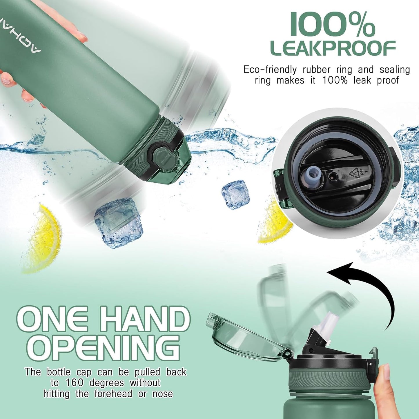 AOHAN 1 Litre Water Bottle with Leakproof Flip Lid BPA-Free Sports Drinking Bottle with Straw, Dishwasher Safe, Non-Toxic Water Bottle with Carry Strap