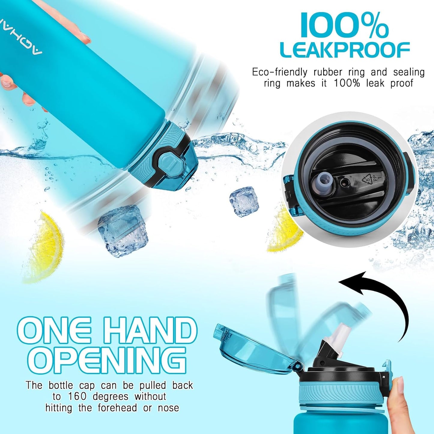 AOHAN 1 Litre Water Bottle with Leakproof Flip Lid BPA-Free Sports Drinking Bottle with Straw, Dishwasher Safe, Non-Toxic Water Bottle with Carry Strap