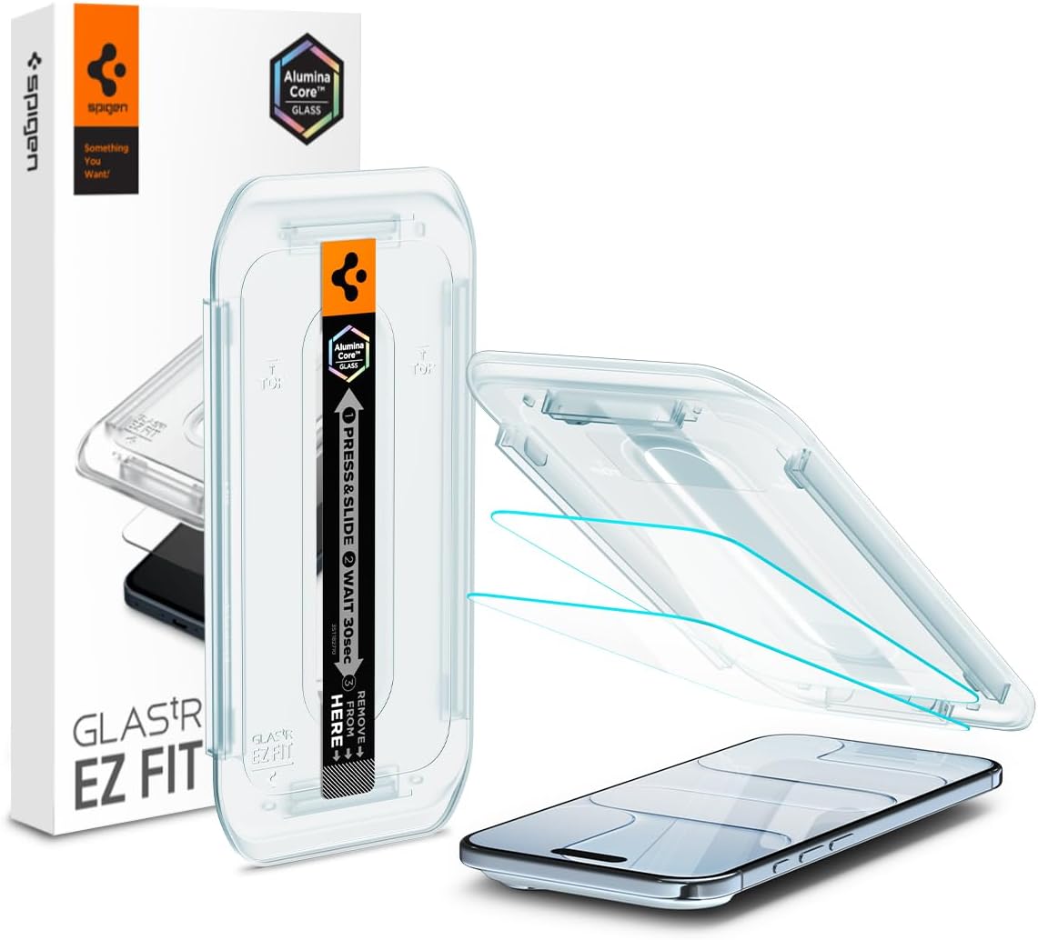 Spigen Glas.tR EZ Fit Screenprotector compatibel met iPhone 17 Pro/17, iPhone 16 Pro, 2 stuks, met sjabloon voor installatie, Case friendly, 9H Gehard Glas