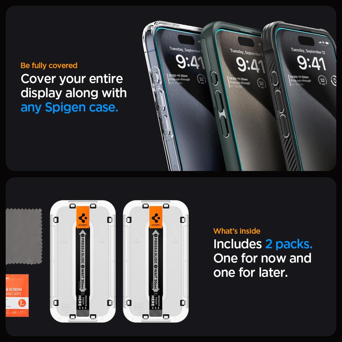 Spigen Glas.tR EZ Fit Screenprotector compatibel met iPhone 17 Pro/17, iPhone 16 Pro, 2 stuks, met sjabloon voor installatie, Case friendly, 9H Gehard Glas