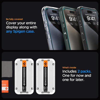 Spigen Glas.tR EZ Fit Screenprotector compatibel met iPhone 17 Pro/17, iPhone 16 Pro, 2 stuks, met sjabloon voor installatie, Case friendly, 9H Gehard Glas