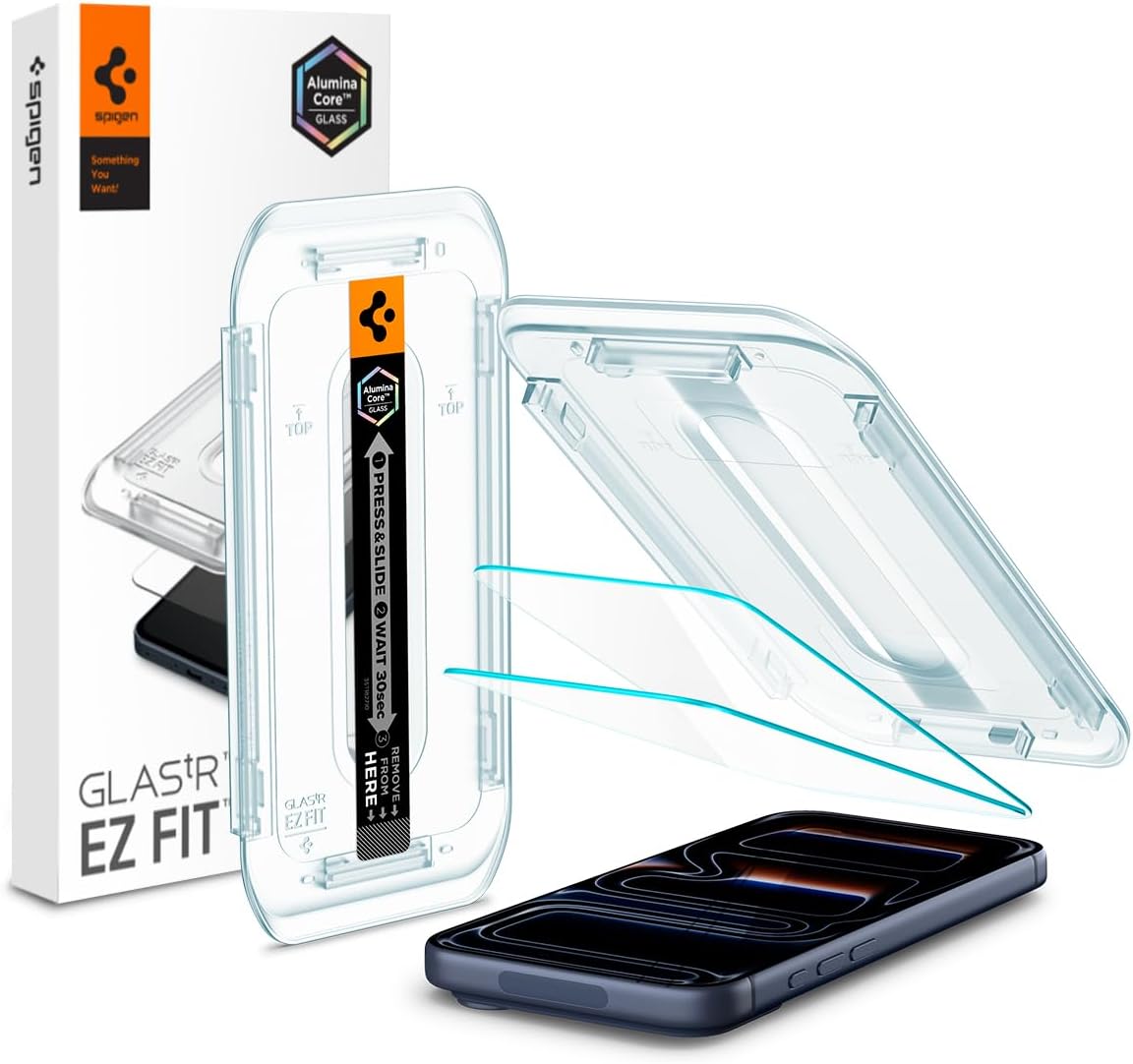 Spigen Glas.tR EZ Fit Screenprotector compatibel met iPhone 17 Pro/17, iPhone 16 Pro, 2 stuks, met sjabloon voor installatie, Case friendly, 9H Gehard Glas