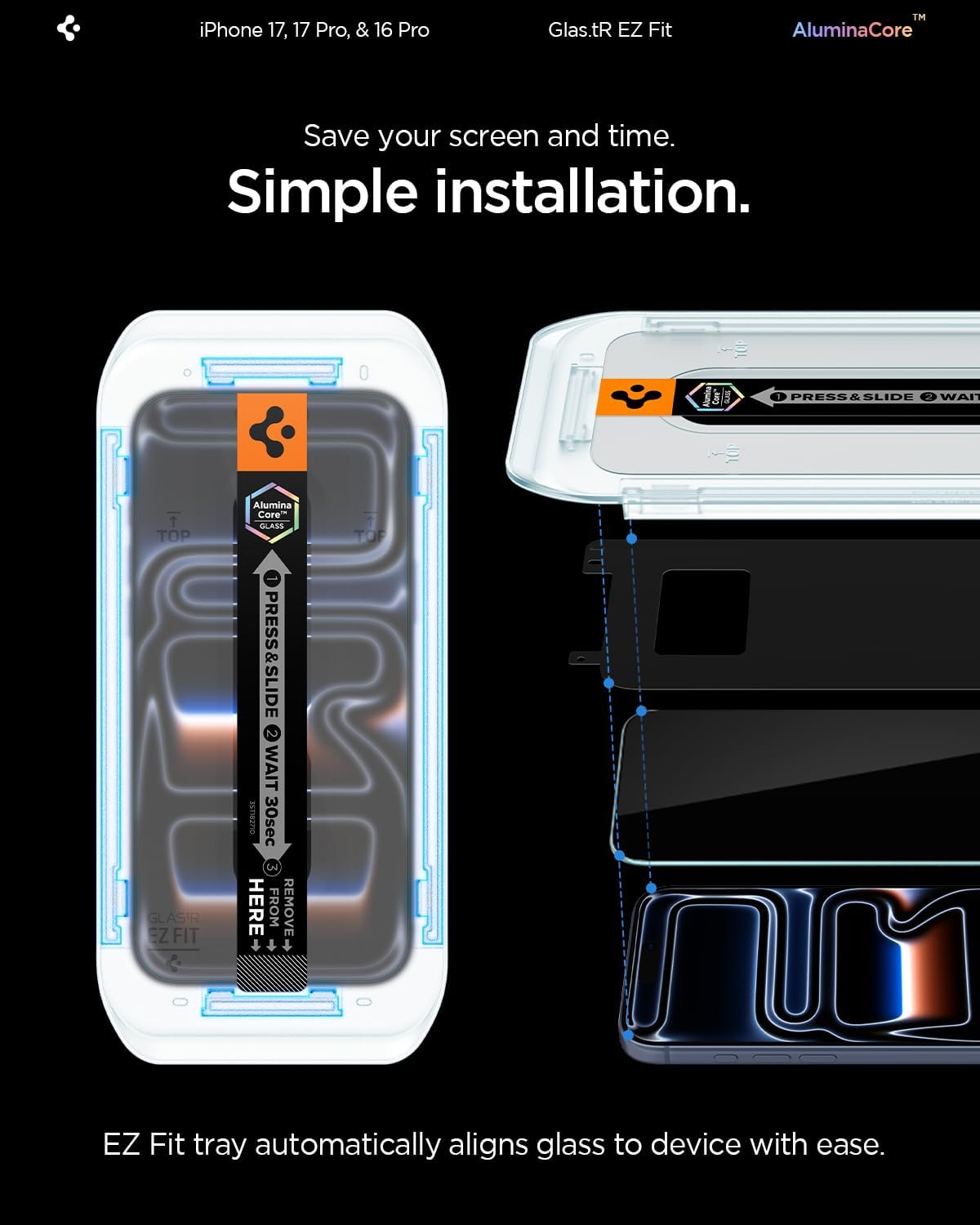 Spigen Glas.tR EZ Fit Screenprotector compatibel met iPhone 17 Pro/17, iPhone 16 Pro, 2 stuks, met sjabloon voor installatie, Case friendly, 9H Gehard Glas