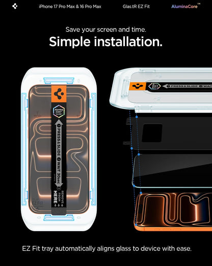 Spigen Glas.tR EZ Fit Screenprotector compatibel met iPhone 17 Pro/17, iPhone 16 Pro, 2 stuks, met sjabloon voor installatie, Case friendly, 9H Gehard Glas