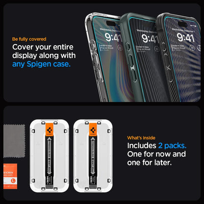 Spigen Glas.tR EZ Fit Screenprotector compatibel met iPhone 17 Pro/17, iPhone 16 Pro, 2 stuks, met sjabloon voor installatie, Case friendly, 9H Gehard Glas