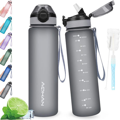 AOHAN 1 Litre Water Bottle with Leakproof Flip Lid BPA-Free Sports Drinking Bottle with Straw, Dishwasher Safe, Non-Toxic Water Bottle with Carry Strap