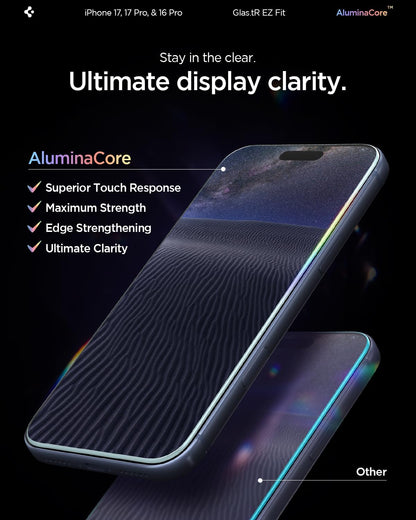 Spigen Glas.tR EZ Fit Screenprotector compatibel met iPhone 17 Pro/17, iPhone 16 Pro, 2 stuks, met sjabloon voor installatie, Case friendly, 9H Gehard Glas