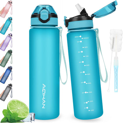 AOHAN 1 Litre Water Bottle with Leakproof Flip Lid BPA-Free Sports Drinking Bottle with Straw, Dishwasher Safe, Non-Toxic Water Bottle with Carry Strap