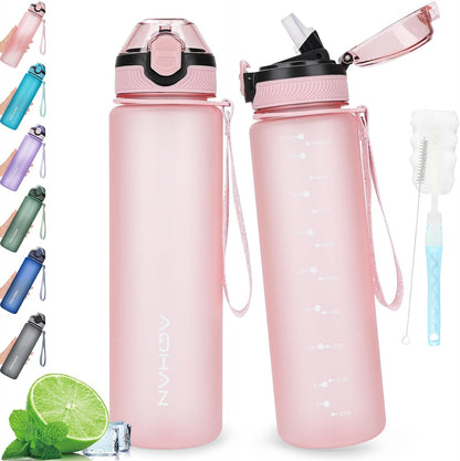 AOHAN 1 Litre Water Bottle with Leakproof Flip Lid BPA-Free Sports Drinking Bottle with Straw, Dishwasher Safe, Non-Toxic Water Bottle with Carry Strap
