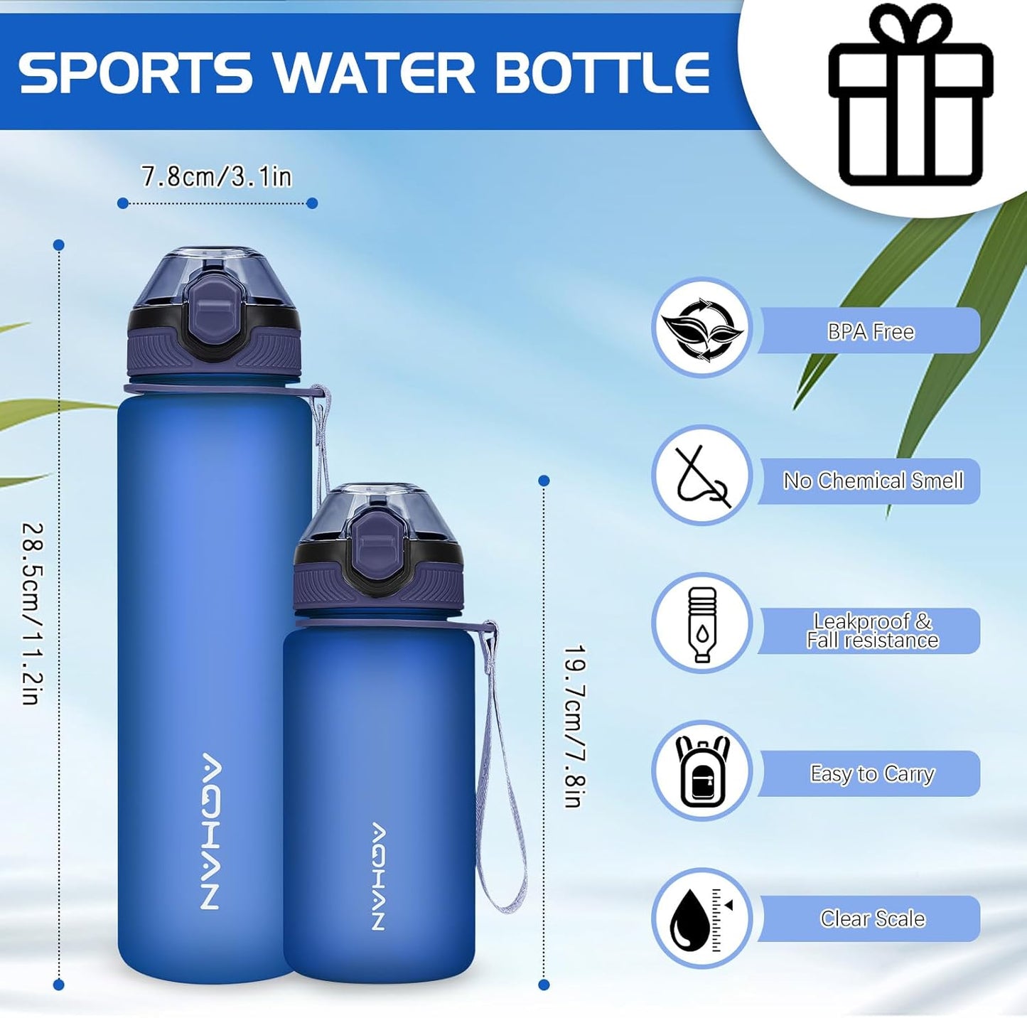 AOHAN 1 Litre Water Bottle with Leakproof Flip Lid BPA-Free Sports Drinking Bottle with Straw, Dishwasher Safe, Non-Toxic Water Bottle with Carry Strap