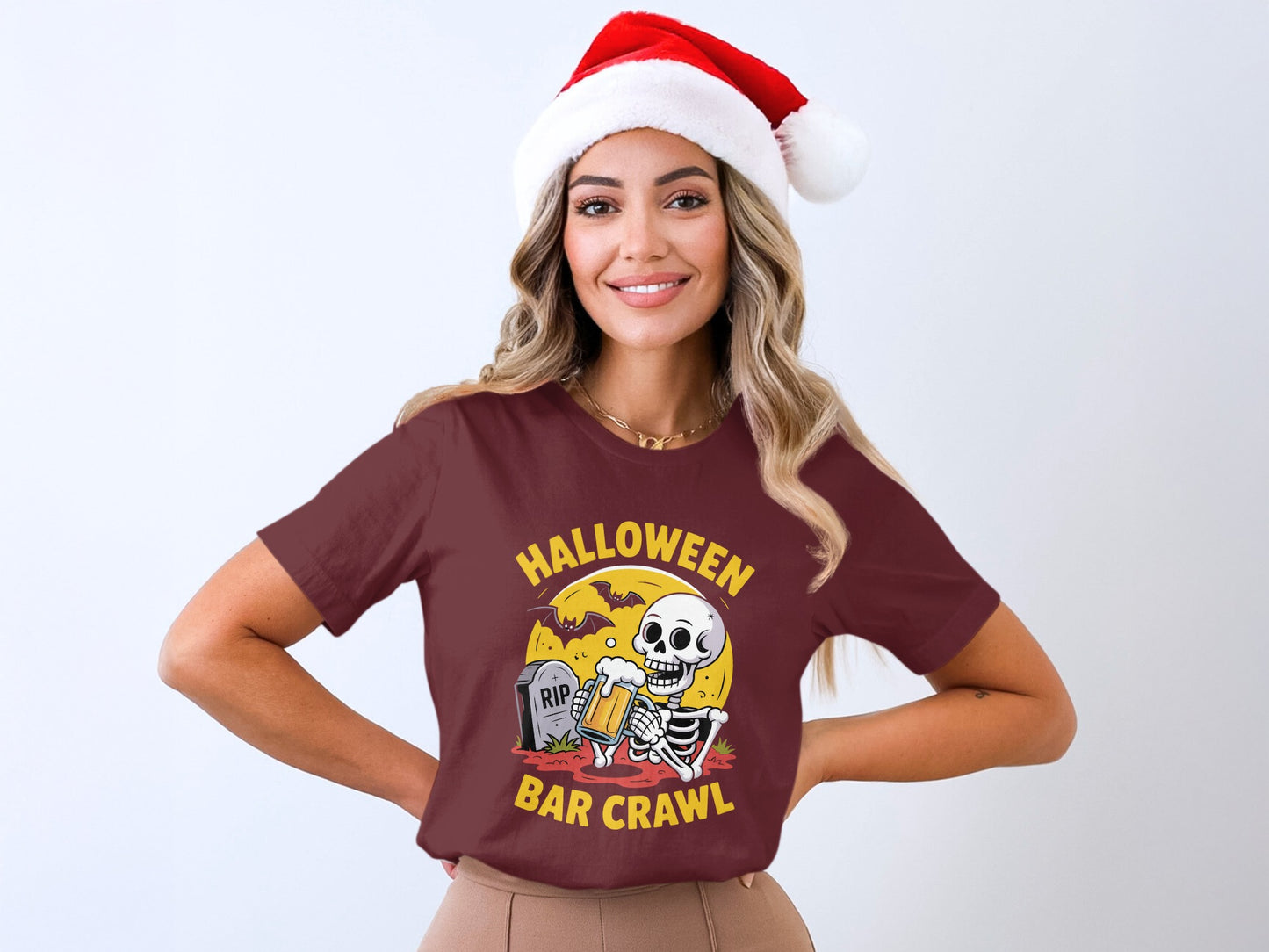 Halloween Bar Crawl Santa Hat Skeleton T-Shirt product