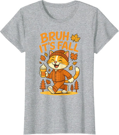 Bruh It’s Fall Funny Autumn Cat Shirt Pumpkin Spice Latte T-Shirt