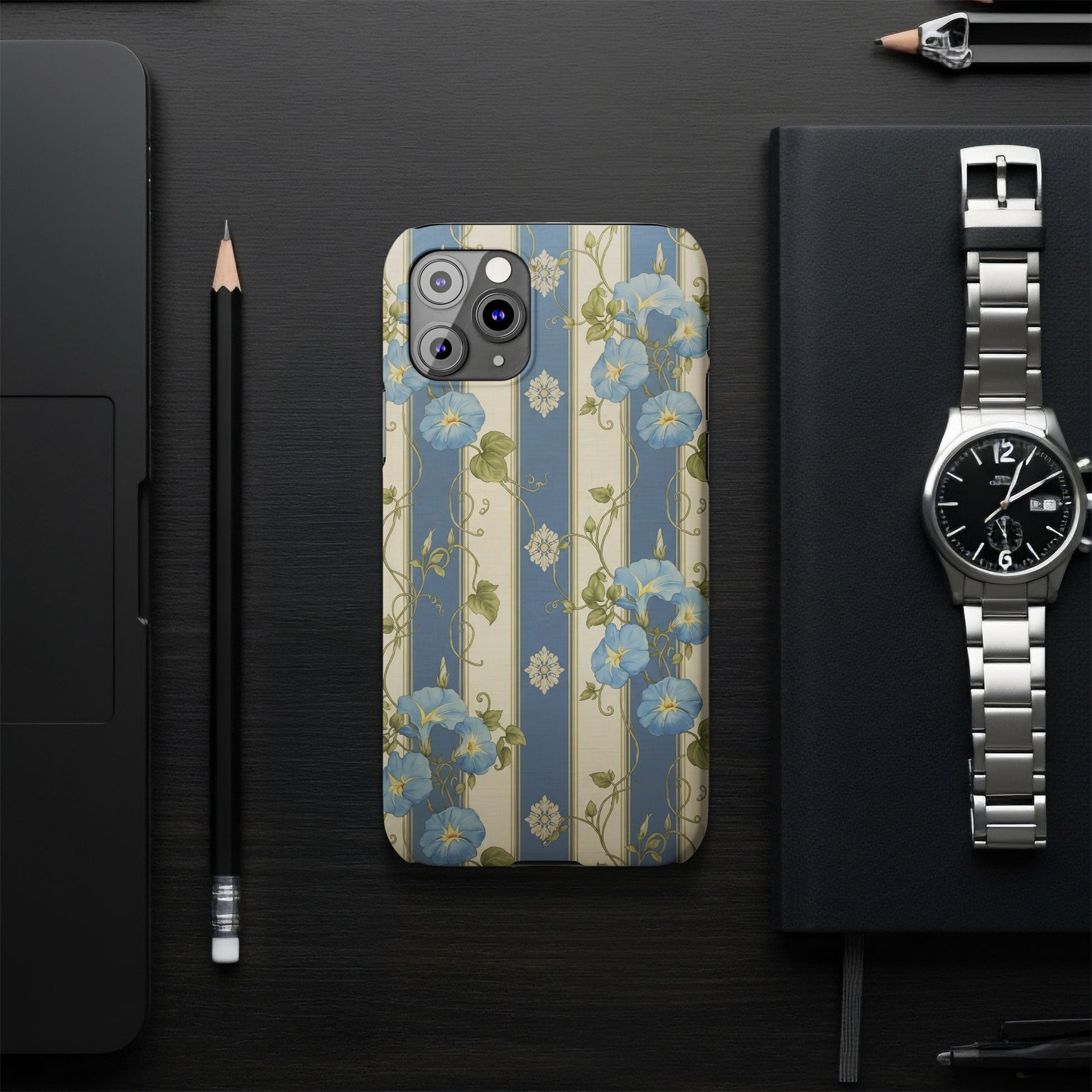 Floral Blue and Cream Striped Phone Case product type