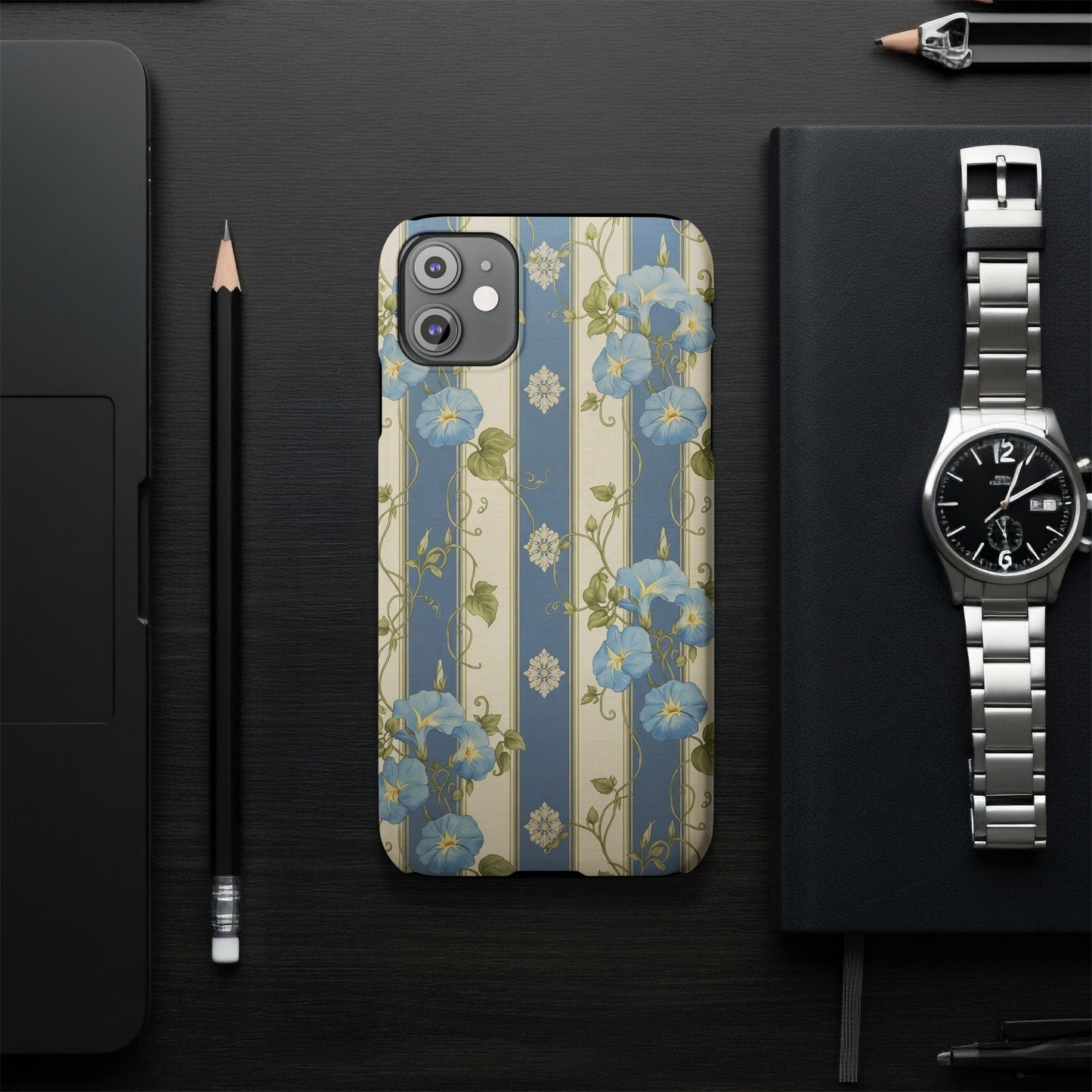 Blue Flowers On Blue and White Stripes Vintage Style iPhone case