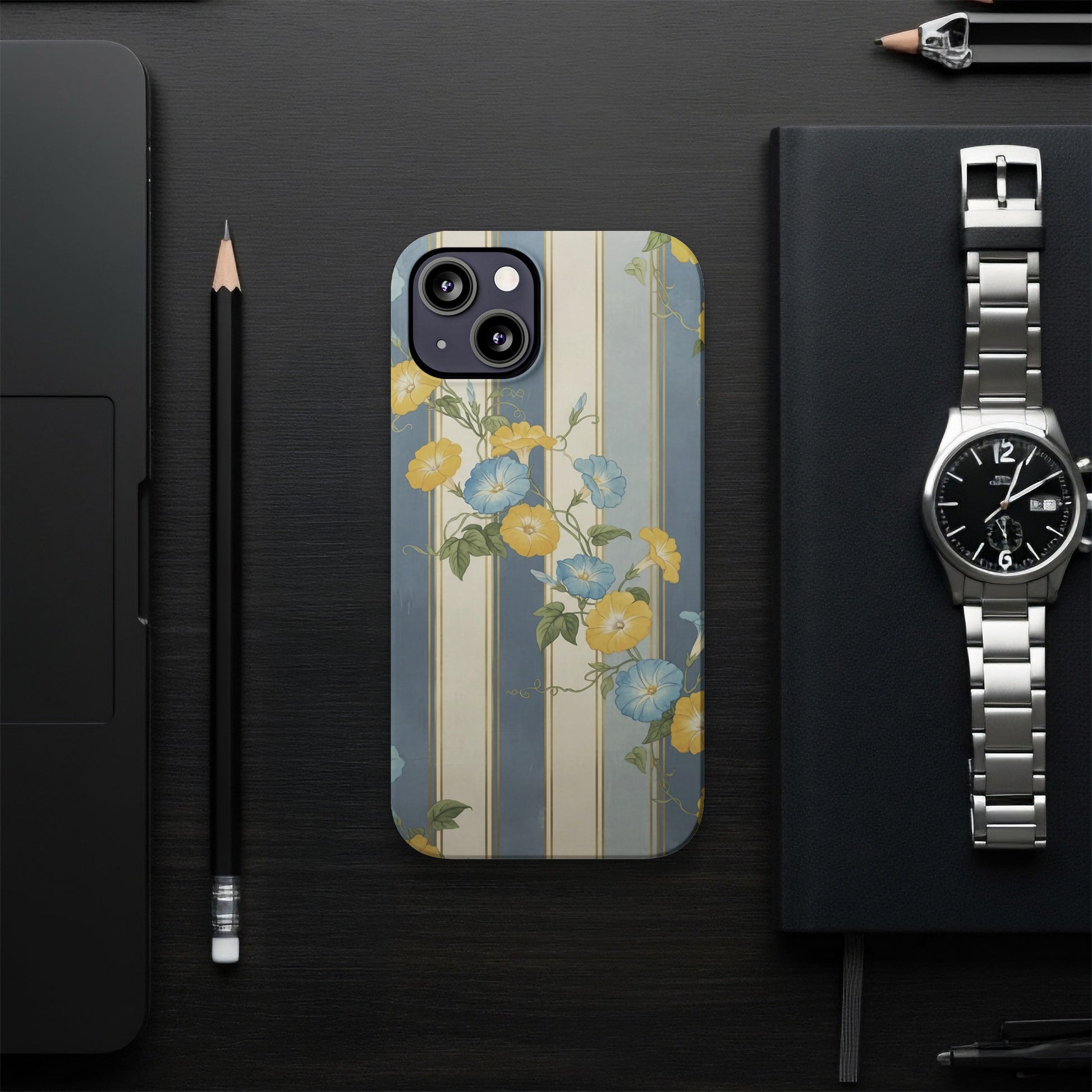 Blue and Yellow Flower Striped iPhone Case product